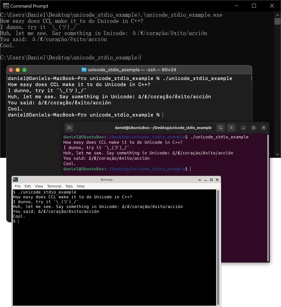 Screenshot of Unicode demo running on Windows, macOS, Ubuntu and FreeBSD