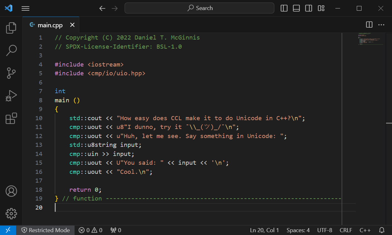 Screenshot of Unicode demo source code in VS Code